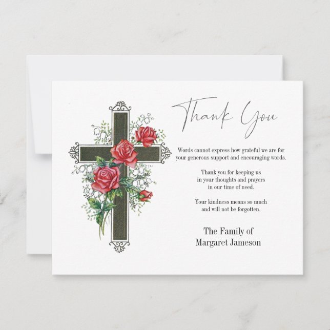 Beileid zur Begräbniskondolenz Kreuz mit Rose Dankeskarte (Vorderseite)