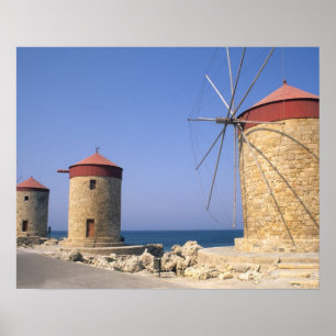Bekannte alte Windmühlen von Rhodos, Griechenland Poster