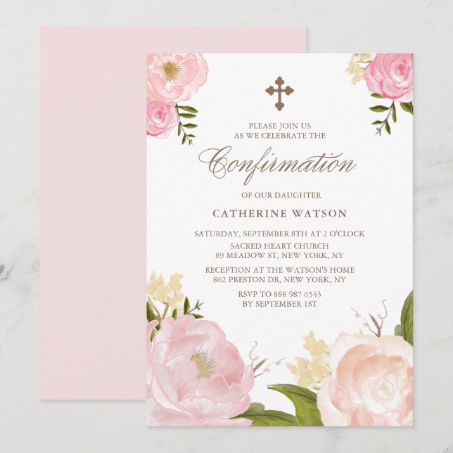 Bekräftigung der Aquarellpink-Peonies-Bestätigung Einladung (Vorne/Hinten)