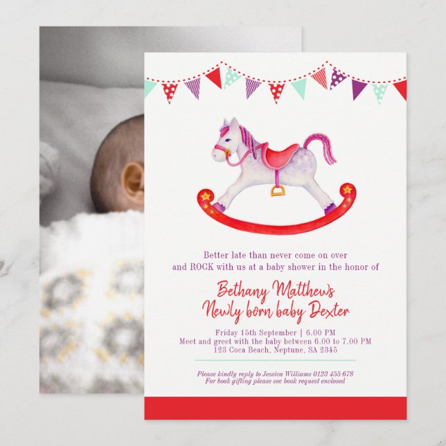 Belagtes Baby Duschrockpferd traf Baby Red Einladung (Vorne/Hinten)