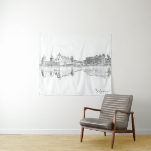 Belarus Mir Castle Cityscape Sketch Tapestes Wandteppich