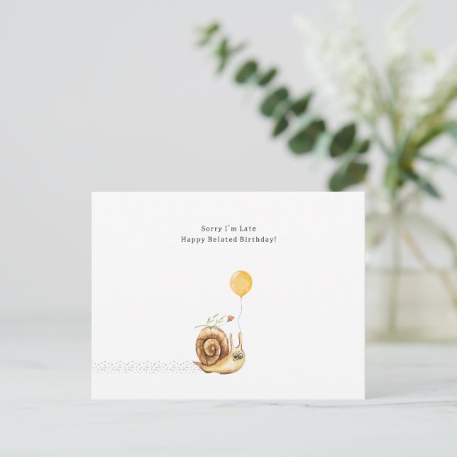 Belated Birthday Sorry Snail Illustration Card Postkarte (Stehend Vorderseite)