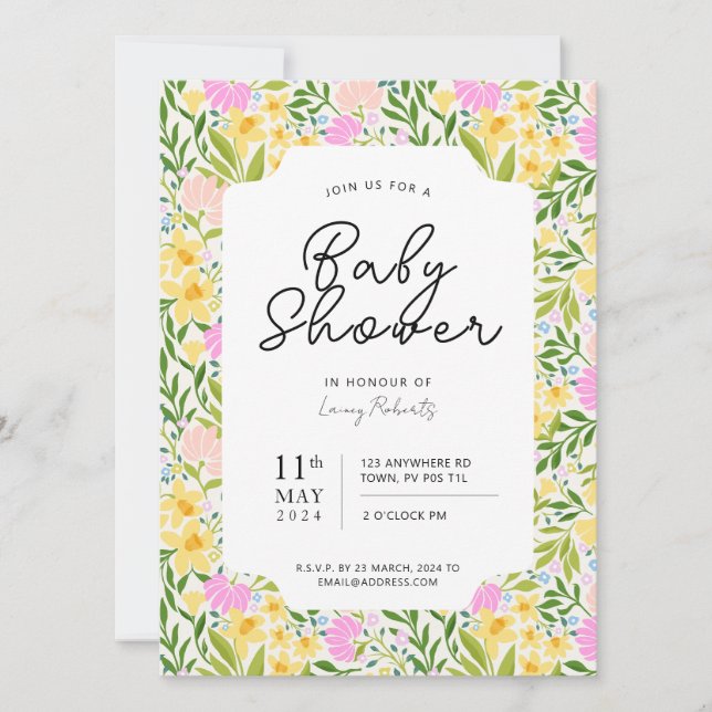 Belebte Frühlingsdusche mit Tossed Floral Baby Dus Einladung (Vorderseite)