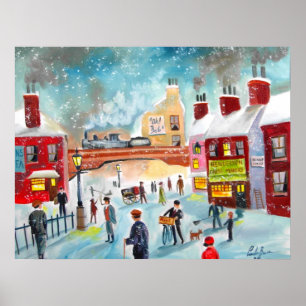 Belebte Street Szene Winterzug Ölmalerei Kunst Poster
