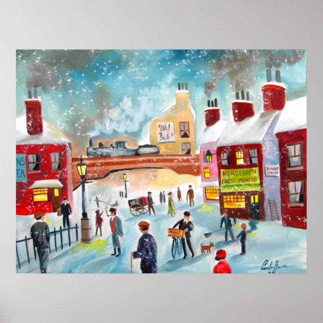 Belebte Street Szene Winterzug Ölmalerei Kunst Poster (Vorne)