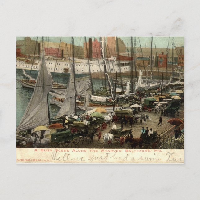 Belebte Szene entlang der Wharves, Baltimore, MD 1 Postkarte (Vorderseite)