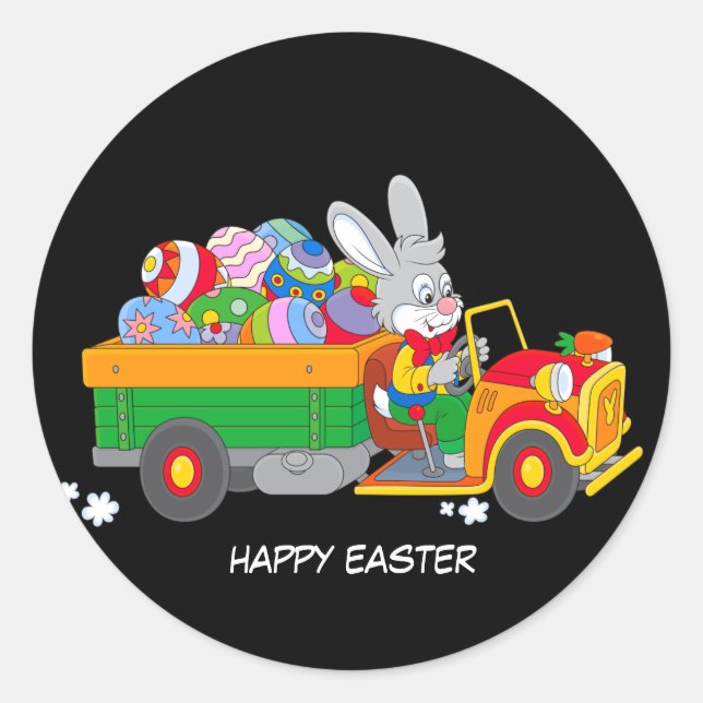 Belebter Hase mit LKW voller farbiger Eier Runder Aufkleber (Vorderseite)