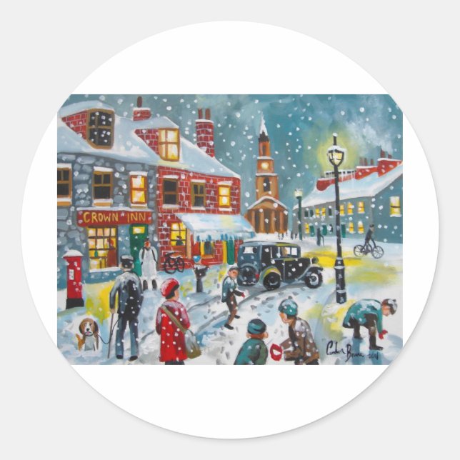 Belebter Straßenszene Winterschnee Gordon Bruce Ar Runder Aufkleber (Vorderseite)