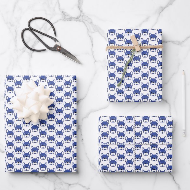 Belebtes französisches Bulldog-blaues Gemustertes  Geschenkpapier Set (Vorderseite)