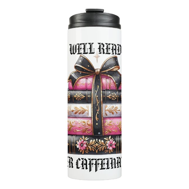 Belesen über Koffein Thermosbecher (Vorderseite)