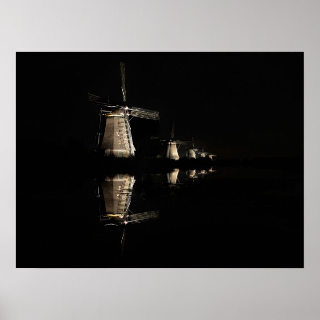 Beleuchtete Windmühlen, Kinderdijk am Nachtposter Poster (Vorne)