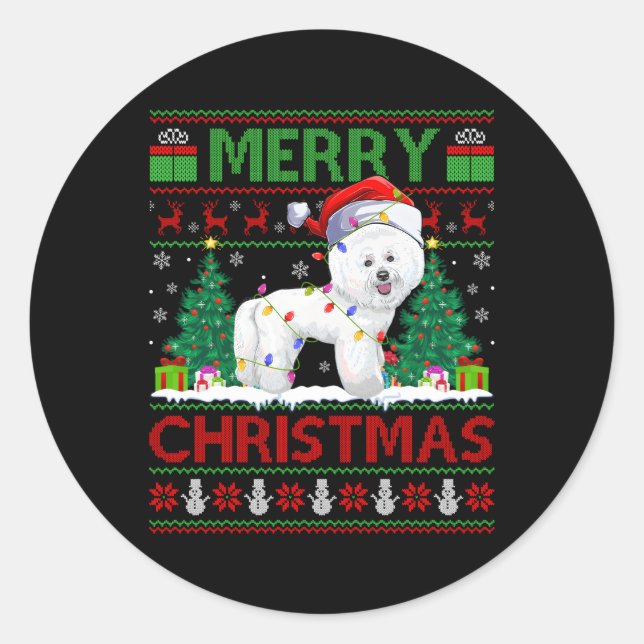 Beleuchtung Santa Ugly Bichon Frise Runder Aufkleber (Vorderseite)