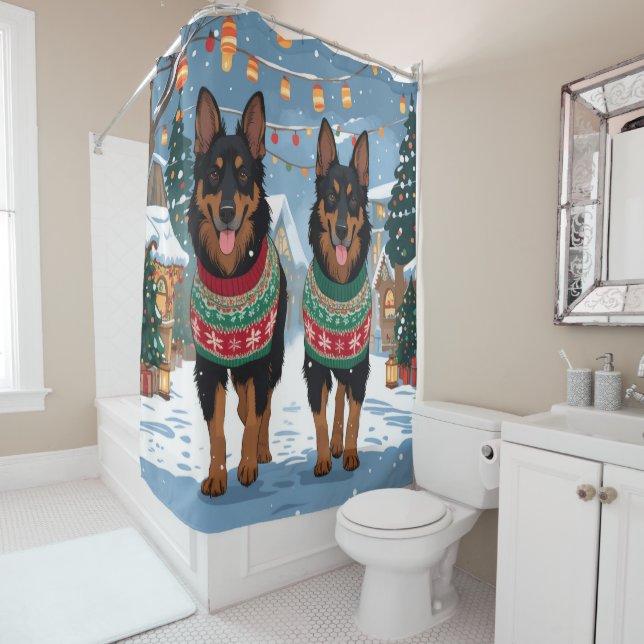 Belgian Malinois Dogs Christmas Snow Holiday  Duschvorhang (Beispiel)
