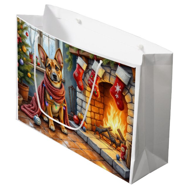 Belgian Malinois Fireplace with Christmas Lights Große Geschenktüte (Vorderseite Schrägansicht)