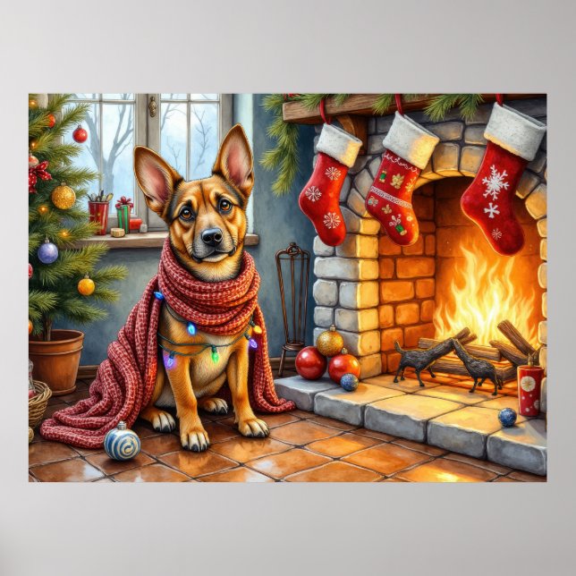 Belgian Malinois Fireplace with Christmas Lights Poster (Vorne)