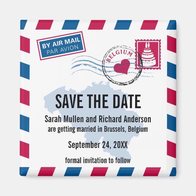 Belgien Air Mail Wedding Save the Date Magnet (Vorne)