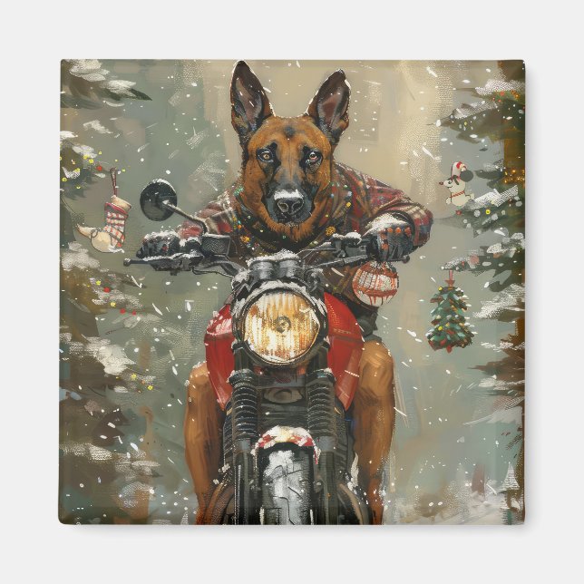 Belgisch Malinoi Dog Riding Motorrad Weihnachten Magnet (Vorne)