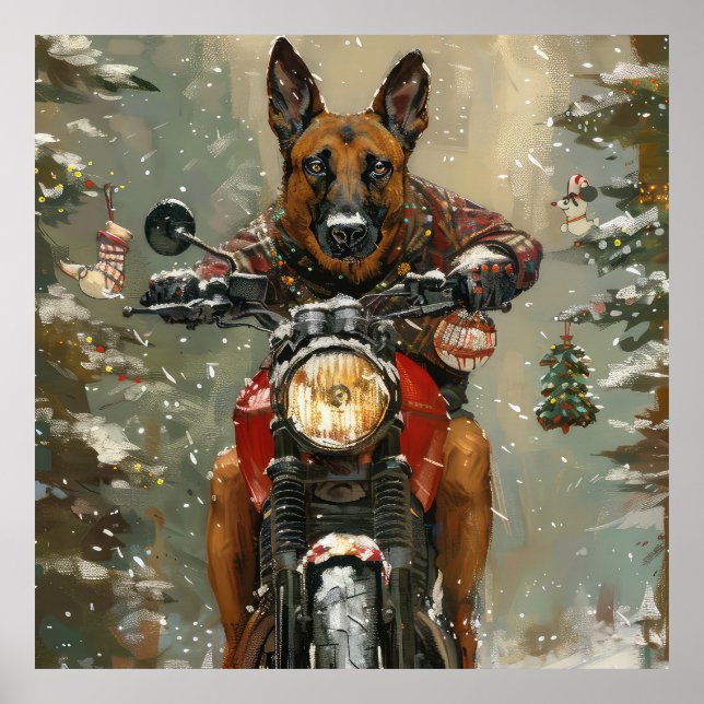 Belgisch Malinoi Dog Riding Motorrad Weihnachten Poster (Vorne)