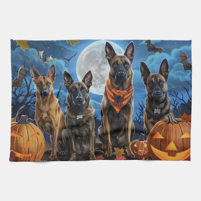 Belgisch Malinoi Halloween Spooky Geschirrtuch (Horizontal)