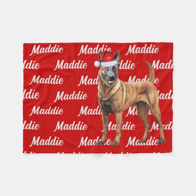 Belgisch Malinois auf Rot mit Name Christmas Dog Fleecedecke (Vorderseite (Horizontal))