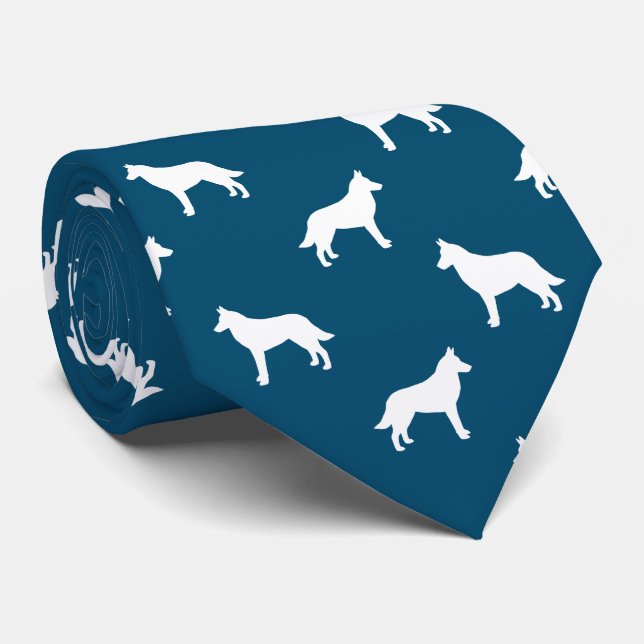 Belgisch Malinois Dog Silhouetten Muster Blau Krawatte (Gerollt)