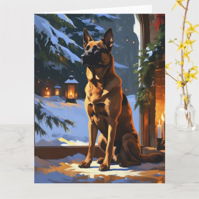 Belgisch Malinois mit Weihnachtsbeleuchtung Urlaub Karte (Gelbe Blume)