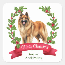 Belgisch Tervuren Dog Holly Banner Weihnachten Quadratischer Aufkleber