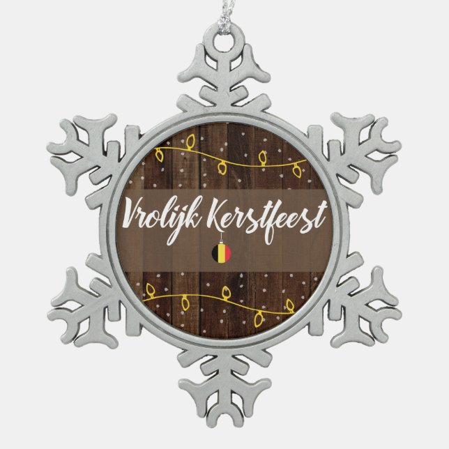 Belgische frohe Weihnachten, Vrolijk Kerstfeest Schneeflocken Zinn-Ornament (Vorderseite)