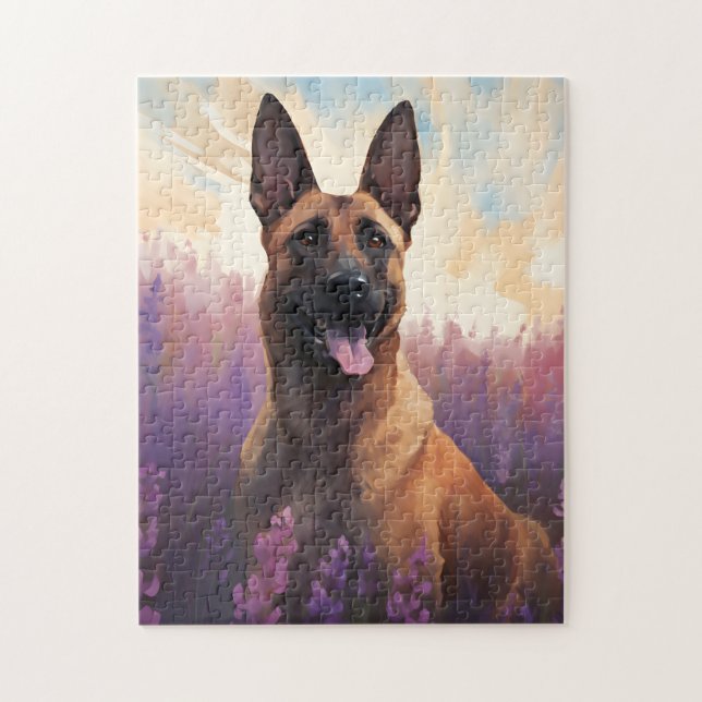 Belgische Malinois auf dem Lavendelmarkt (Vertikal)