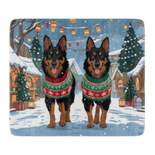 Belgische Malinois Hunde Weihnachten Schnee Feiert Schneidebrett