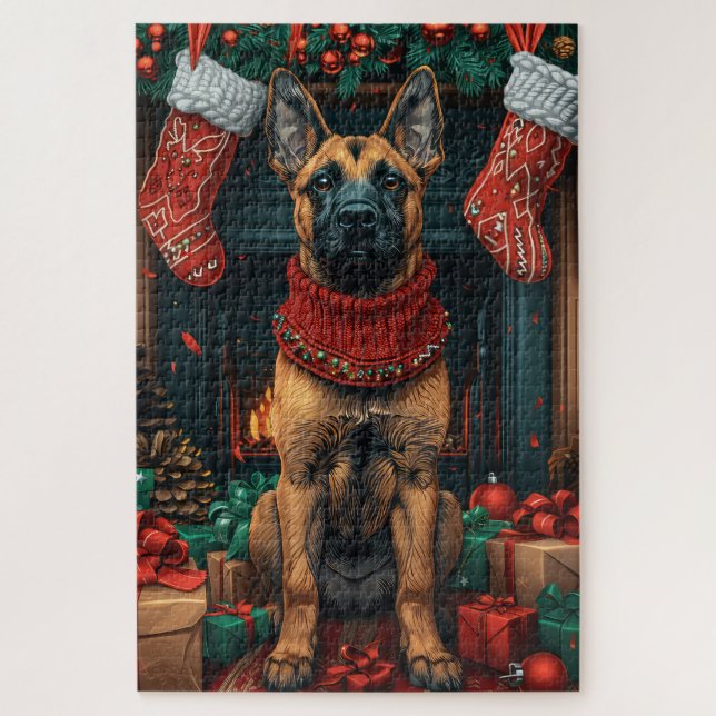Belgische Malinois mit Weihnachtsgeschenken Feuerp (Vertikal)