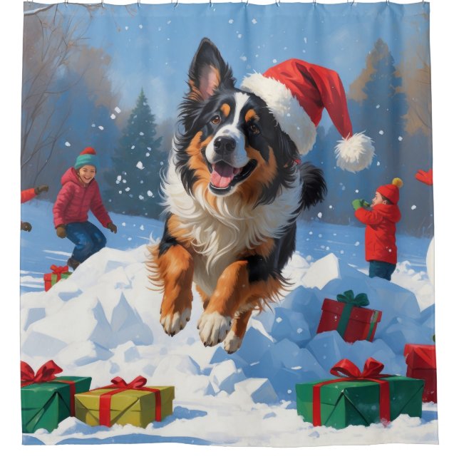 Belgische Schäferhütte Weihnachts-Schneeszene Duschvorhang (Vorderseite)