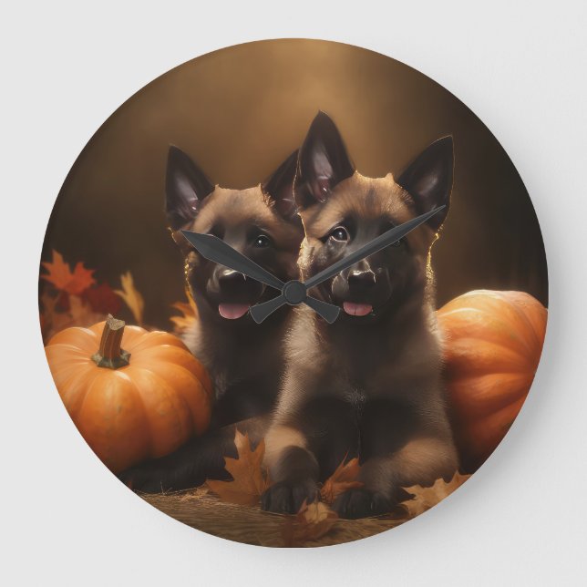 Belgischer Hirte Welpe Herbst Kürbis Große Wanduhr (Vorderseite)