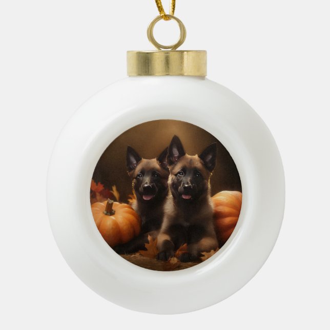 Belgischer Hirte Welpe Herbst Kürbis Keramik Kugel-Ornament (Vorderseite)