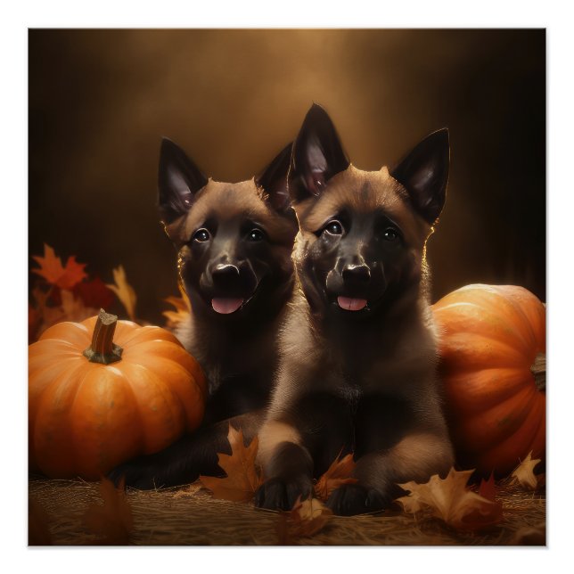 Belgischer Hirte Welpe Herbst Kürbis Poster (Vorderseite)