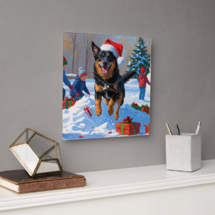Belgischer Malinoi Weihnachtsfestliche Schneeszene Quadratische Wanduhr