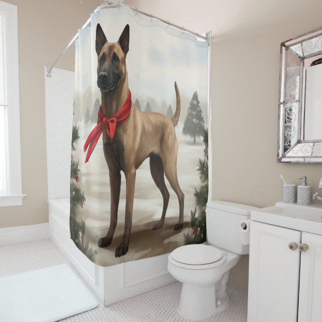 Belgischer Malinois-Hund zu Schneeschweihnachtsfes Duschvorhang (Beispiel)