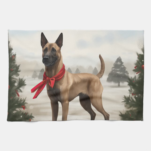 Belgischer Malinois-Hund zu Schneeschweihnachtsfes Geschirrtuch (Horizontal)
