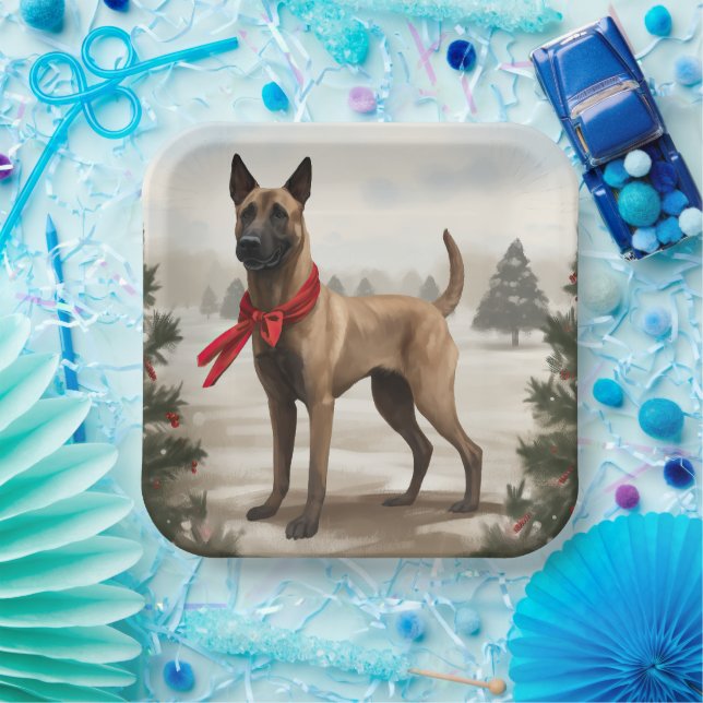 Belgischer Malinois-Hund zu Schneeschweihnachtsfes Pappteller (Party)