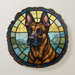 Belgischer Malinois im Stil von Buntglas-Illustrat Rundes Kissen