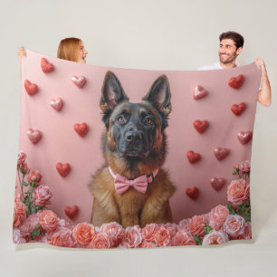 Belgischer Malinois mit Rosen - Valentinstag Fleecedecke