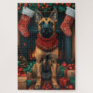 Belgischer Malinois mit Weihnachtsgeschenken Kamin