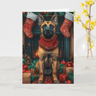 Belgischer Malinois mit Weihnachtsgeschenken Kamin Karte