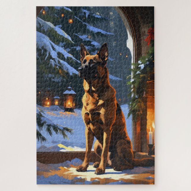 Belgischer Malinois mit Weihnachtslichtern Feierta (Vertikal)
