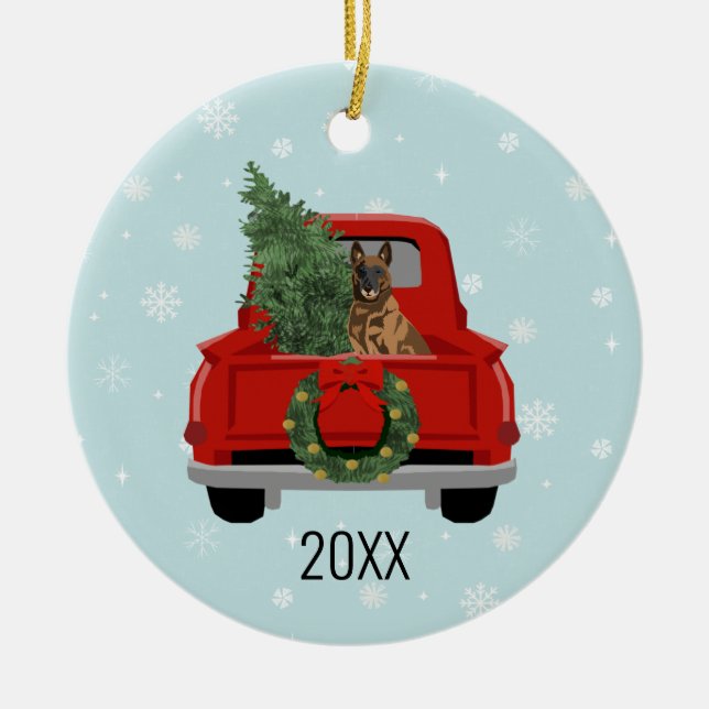 Belgischer Malinois Weihnachtsroter LKW Keramik Ornament (Vorne)
