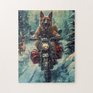 Belgischer Schäferhund fährt Motorrad Weihnachten