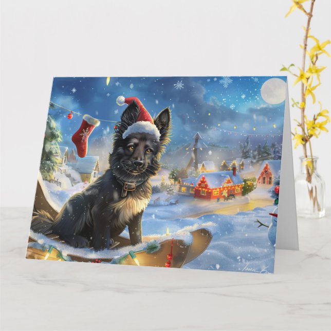 Belgischer Schäferhund Hund in Sleigh Snow Weihnac Karte (Gelbe Blume)