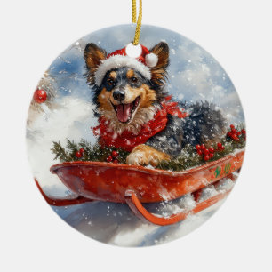 Belgischer Schäferhund im Schlitten Lass es schnei Keramik Ornament