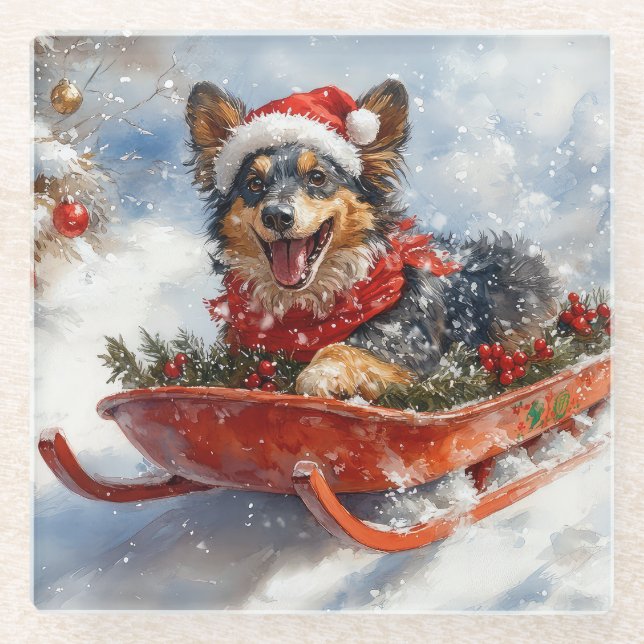Belgischer Schäferhund in Sledge Let it Schnee Wei Glasuntersetzer (Vorderseite)