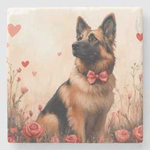 Belgischer Schäferhund mit Rosen - Valentinstag Steinuntersetzer